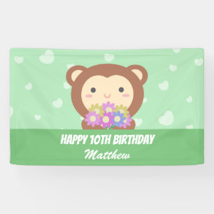 Süßer Kawaii-Affe und Blumen Alles Gute zum Geburt Banner