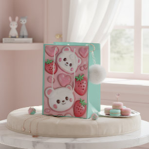 Süßer Kawaii-Bär & Erdbeere Rosa Geschenktasche Mittlere Geschenktüte