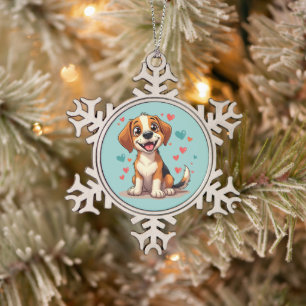 Süßer Kawaii-Beagle mit Herzen Spielhund Schneeflocken Zinn-Ornament