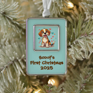 Süßer Kawaii-Beagle mit Herzen Verspielte Hundekun Rahmen-Ornament Silber