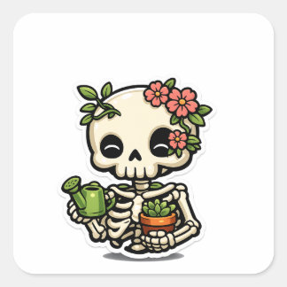 Süßer Kawaii-Blumen-Skelett-Gärtner-Aufkleber Quadratischer Aufkleber