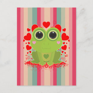 Süßer Kawaii-Frosch mit Herzen auf pastellfarbenen Postkarte