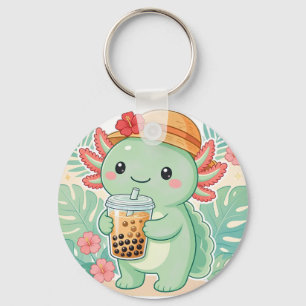 Süßer Kawaii grüner Axolotl, der Boba-Tee trinkt K Schlüsselanhänger