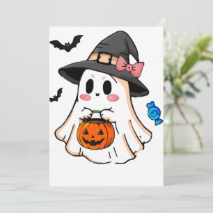 Süßer Kawaii-Halloween-Geist in Hexenhut mit Kürbi Einladung