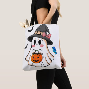 Süßer Kawaii-Halloween-Geist in Hexenhut mit Kürbi Tasche
