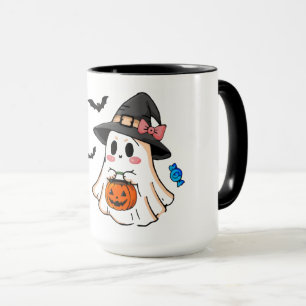 Süßer Kawaii-Halloween-Geist in Hexenhut mit Kürbi Tasse