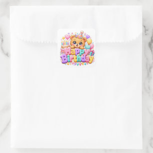 Süßer Kawaii Happy Birthday Teddy Bär Pastell Rosa Quadratischer Aufkleber