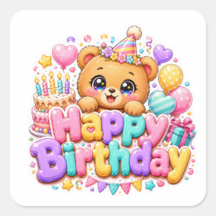Süßer Kawaii Happy Birthday Teddy Bär Pastell Rosa Quadratischer Aufkleber