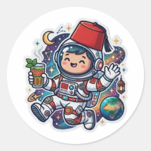 Süßer Kawaii-Marokkanischer Astronaut Minztee Fez- Runder Aufkleber