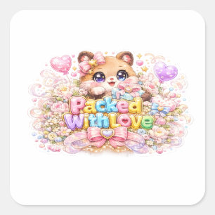 Süßer Kawaii-Mit-Liebe-Verpackter-Teddybär-Pastell Quadratischer Aufkleber
