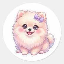 Süßer Kawaii Pomeranian Welpe mit lila Schleife un