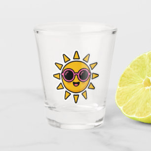 Süßer Kawaii Retro-Sonne mit rosa Sonnenbrille im Schnapsglas