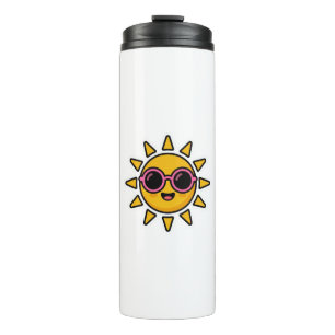 Süßer Kawaii Retro-Sonne mit rosa Sonnenbrille im Thermosbecher