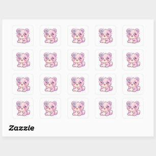Süßer Kawaii Rosa Bär Pastell Chibi Kätzchen Herz Quadratischer Aufkleber