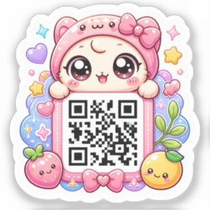 Süßer Kawaii Rosa QR-Code-Charakter Floral Pastell Aufkleber
