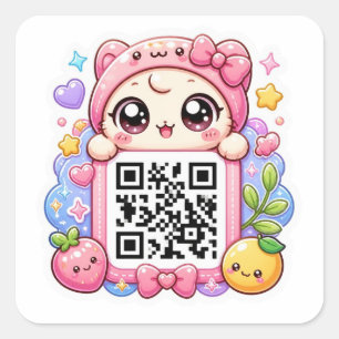 Süßer Kawaii Rosa QR-Code-Charakter Floral Pastell Quadratischer Aufkleber