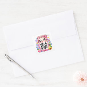Süßer Kawaii Rosa QR-Code-Charakter Floral Pastell Quadratischer Aufkleber
