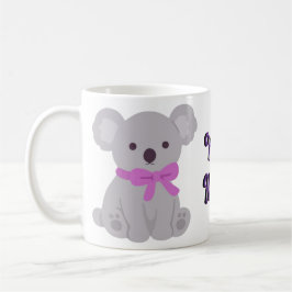Süßer Kawaii sitzender grauer Koala mit lila Schle Kaffeetasse