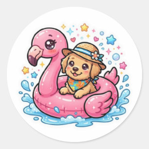 Süßer Kawaii Sommer Welpe Flamingo Pool SchwimmSti Runder Aufkleber