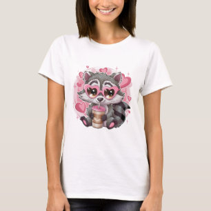 Süßer Kawaii-Waschbär-Herz-Brillen-Pastellrosa-T-S T-Shirt