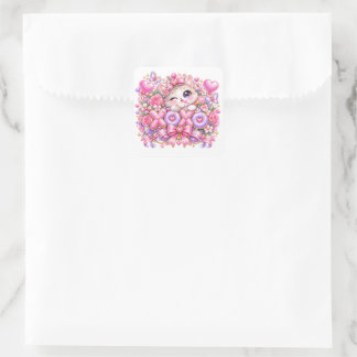 Süßer Kawaii XOXO Katze Pastell Rosa Romantische L Quadratischer Aufkleber