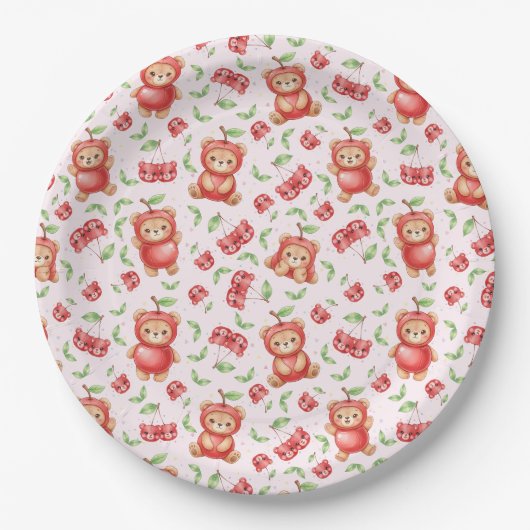 Süßer Kirschbär und Frucht-Nahtlosmuster Pappteller (Vorderseite)