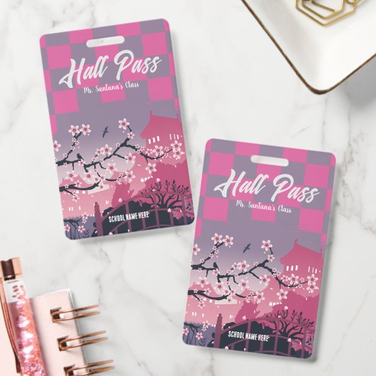 Süßer Kirschblüten-Hall-Pass Customizable Checker Ausweis (Büro)