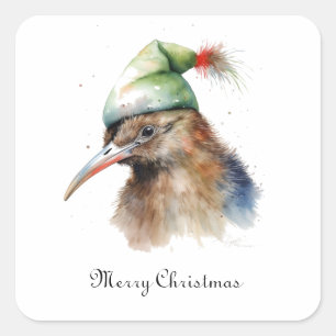 Süßer Kiwi-Vogel in Weihnachts-Elfenhut, individue Quadratischer Aufkleber