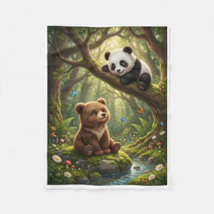 Süßer kleiner Bär und Panda im grünen Wald-Flies Fleecedecke