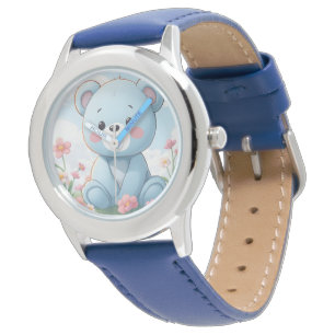 Süßer kleiner blauer Teddybär im Garten Armbanduhr