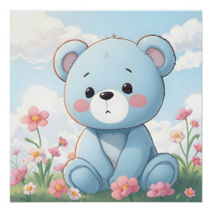 Süßer kleiner blauer Teddybär im Garten Poster