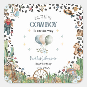Süßer kleiner Cowboy-Western-Aquarell-Baby-Empfang Quadratischer Aufkleber