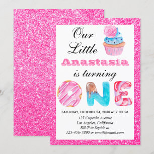 Süßer kleiner Cupcake rosa Glitter 1. Geburtstag E Einladung