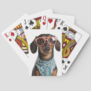 Süßer kleiner Dachshund mit roter Brille Spielkarten