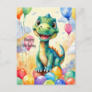 Süßer kleiner Dinosaurier mit vielen bunten Ballon Postkarte