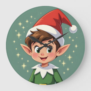 Süßer kleiner Elf mit Weihnachtsmütze Große Wanduhr