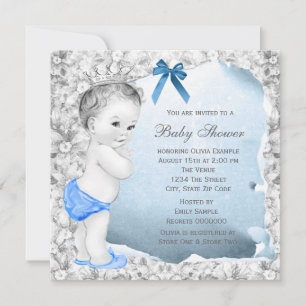 Süßer kleiner Junge Blau und Grau Baby Shower Einladung