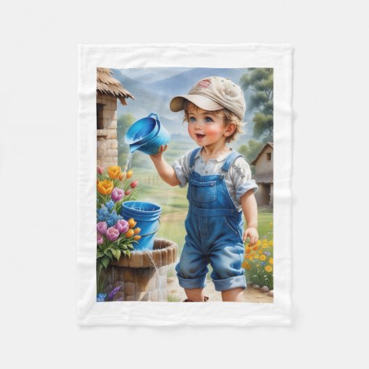 Süßer kleiner Junge, der Blumen wässert, Fleece-De Fleecedecke (Vorderseite)