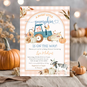 Süßer kleiner Kürbis Herbst-Gingham-Bogen-Baby-Par Einladung