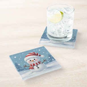 Süßer kleiner Schneemann mit Schal und Hut Glasuntersetzer