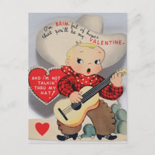 Süßer kleiner singender Cowboy, Vintage-Valentinst Postkarte
