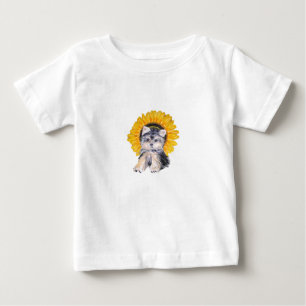 Süßer kleiner Yorkshire-Welpe & Sonnenblumen-Kunst Baby T-shirt