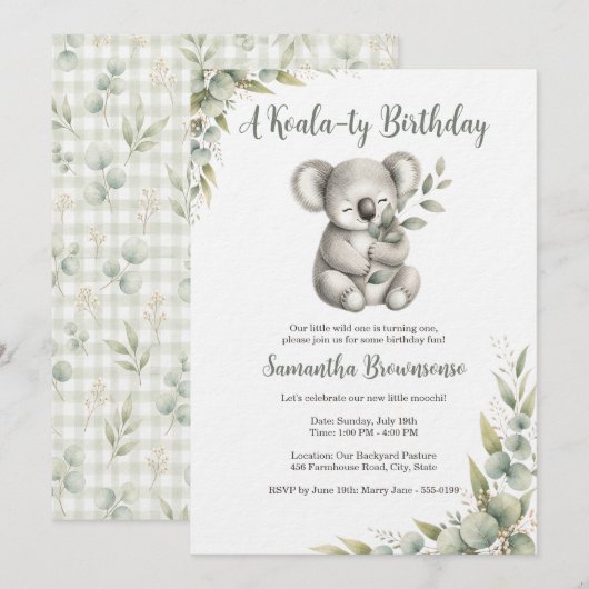 Süßer Koala zum ersten Geburtstag Einladung (Vorne/Hinten)