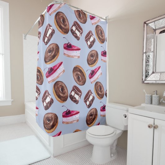 Süßer Kuchen: Aquarellfarbene Nahtlose Lebensmitte Duschvorhang (Beispiel)