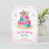 Süßer Kuchen für Mädchen Rosa Niedliche Kinder 1. Einladung (Stehend Vorderseite)