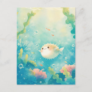 Süßer Kugelfisch im sonnigen Korallenriff Postkarte