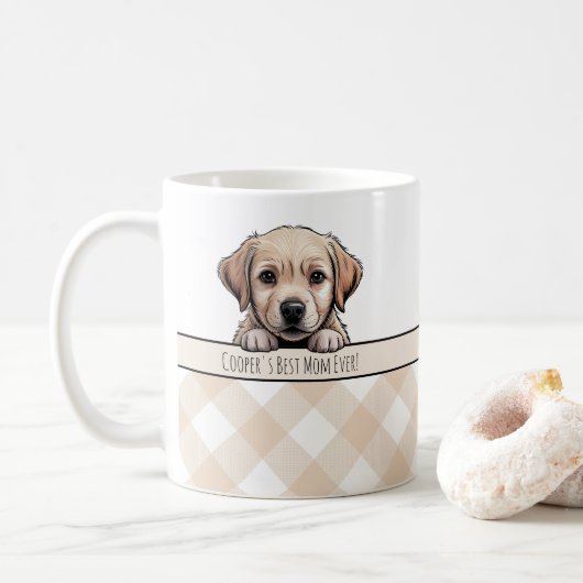Süßer Labrador-Welpe Beste Hundemutter Beige Gingh Kaffeetasse (Mit Donut)