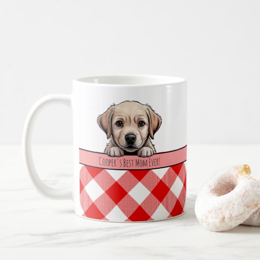 Süßer Labrador-Welpe Beste Hundemutter Roter Gingh Kaffeetasse (Mit Donut)