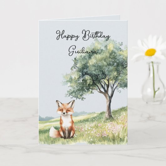 Süßer lächelnder Fuchs Feld der Blumen Baum Geburt Karte (Kleine Pflanze)