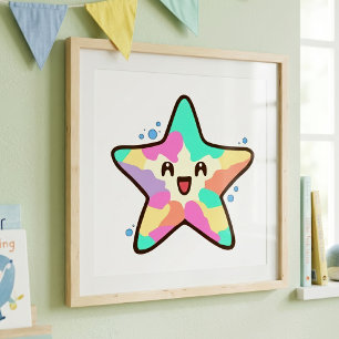 Süßer lächelnder Kawaii-Baby-Seestern mit Blasen Fotodruck